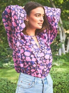 THE ODELLS Deborah Floral Print Lightweight Ramie Top w/ Keyhole Det. EUC/sz L